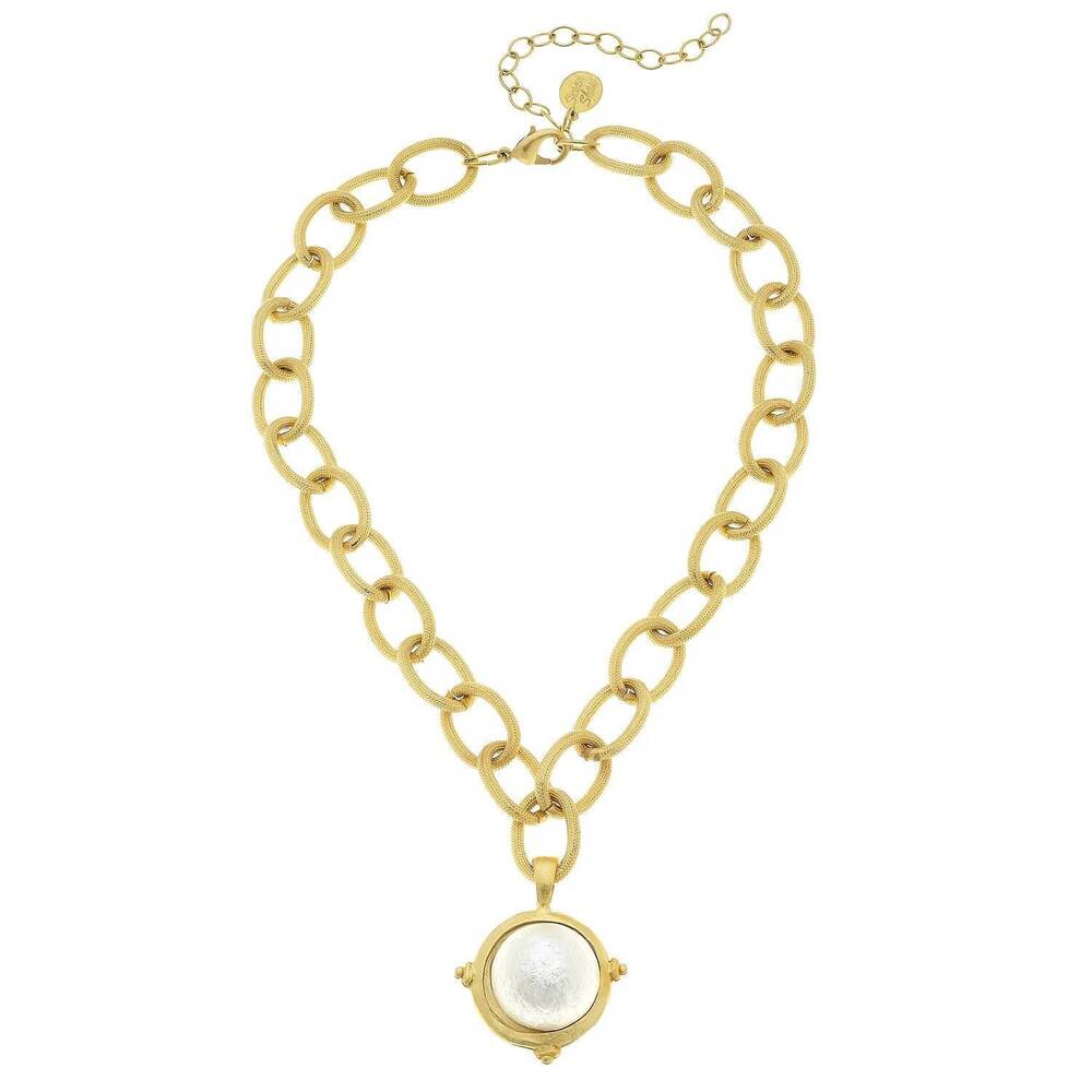 NEW SUSAN SHAW women's cotton pearl on handcast chain necklace in gold
